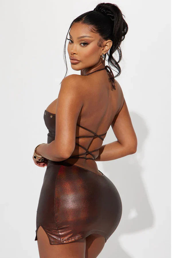 Ashlyn Metallic Lace-Up Mini Dress โ Sexy Bodycon Clubwear