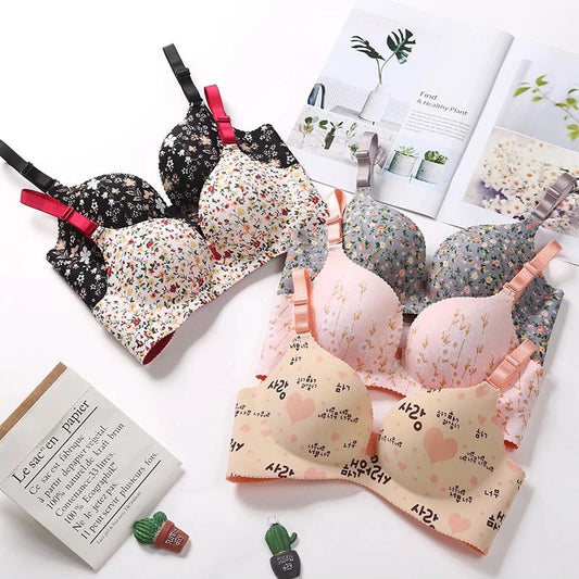 Women's Floral Print Seamless Push-Up Bra Set Sexy Lingerie One-Piece Underwear, Pack of 5