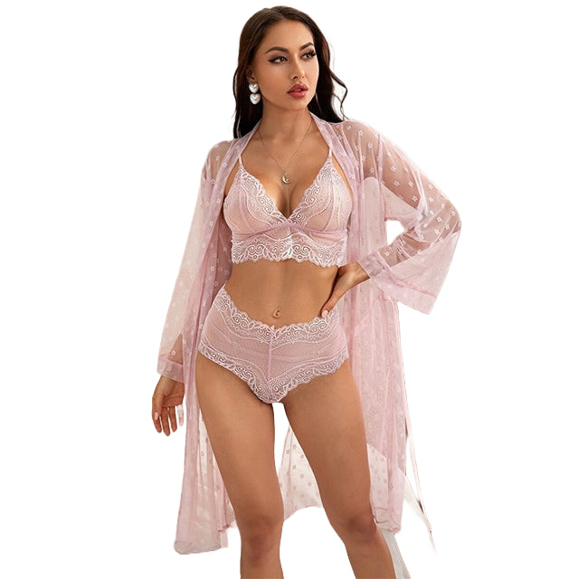 Love Affair 3-Piece Lingerie Set β Sheer Robe, Lace Bra & Panty