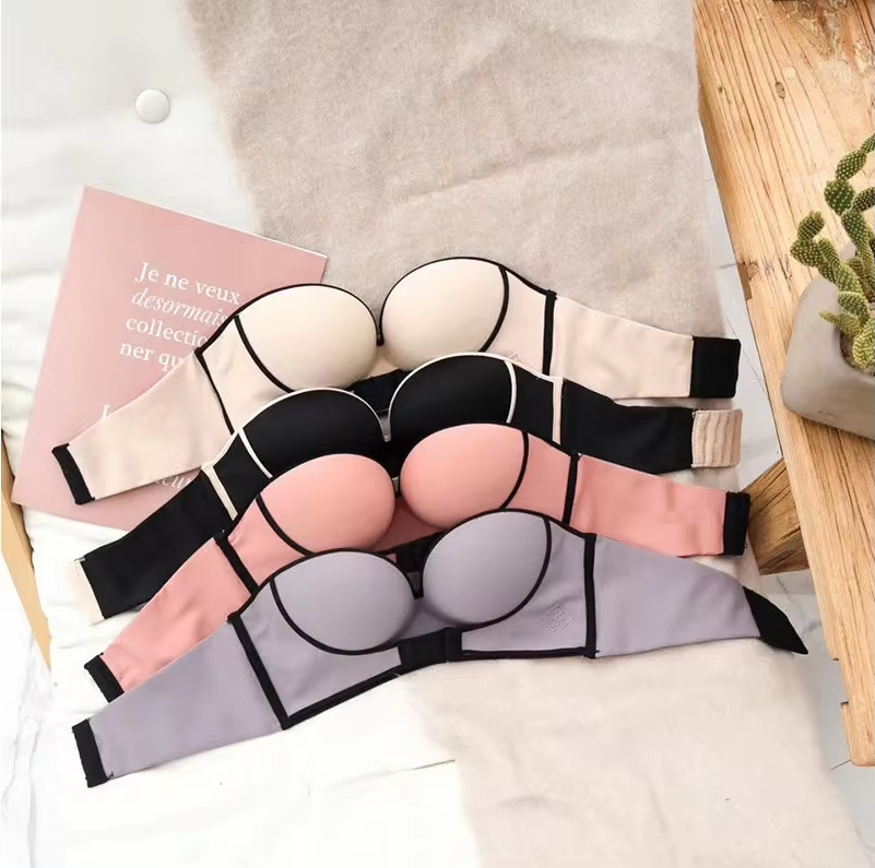Wire-Free Push Up Bra Set Strapless Lift-Up Bras for Women, Comfortable Seamless Brassiere (Pack of 4