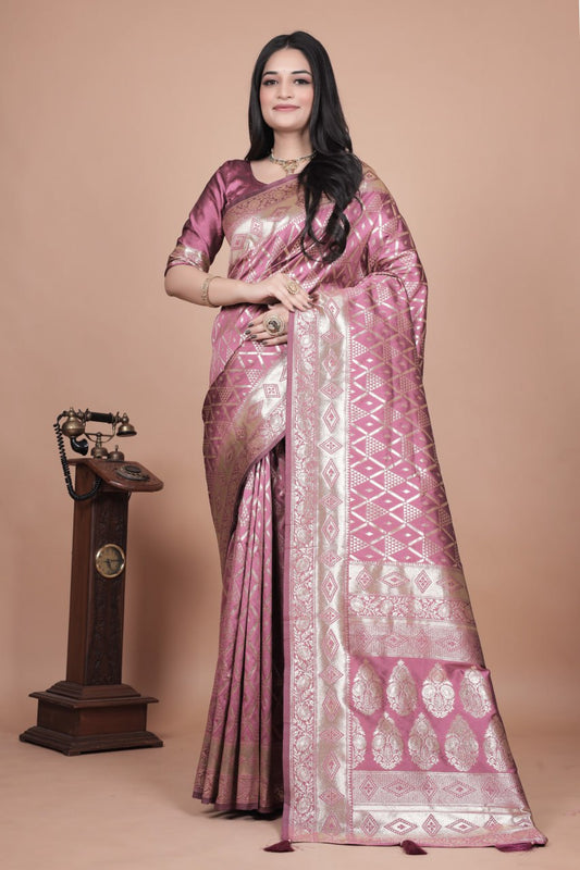 Premium Mauve Banarasi Silk Saree with Silver Geometric & Floral Zari Work