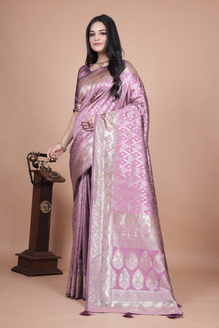 Premium Mauve Banarasi Silk Saree with Silver Geometric & Floral Zari Work