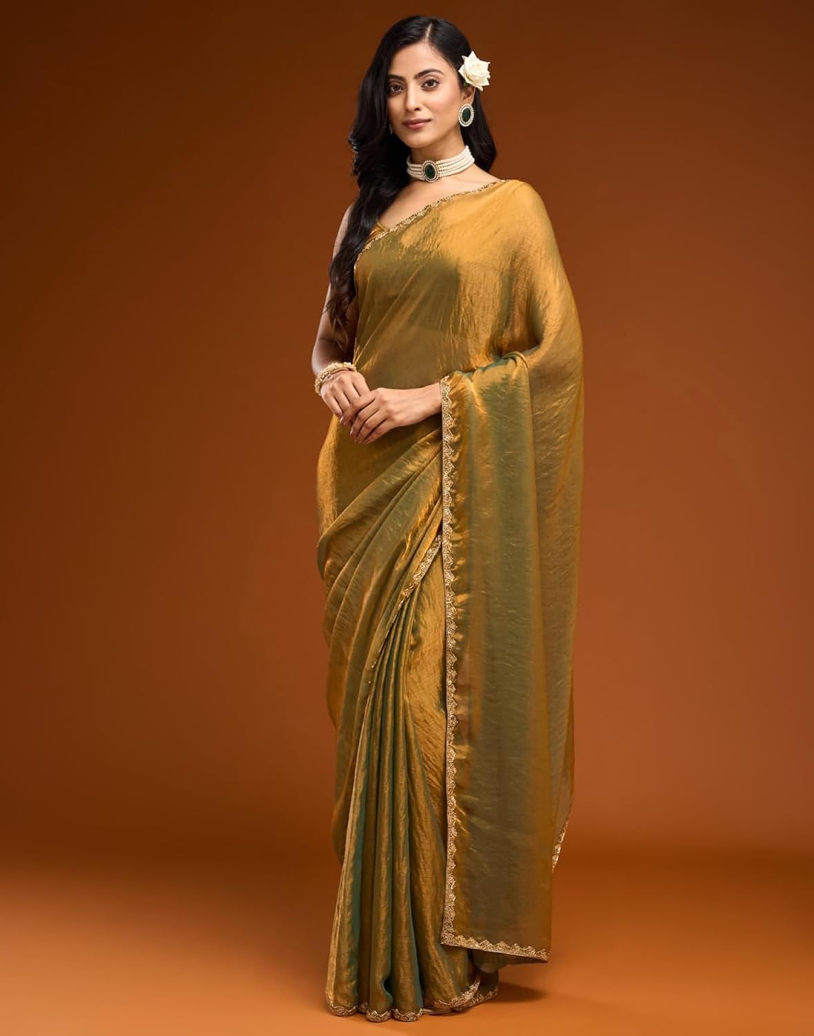 GShimmer Dual Tone Chiffon Saree with Gold Lace Border & Unstitched Blouse Piece Elegant Designer Ethnic Wear