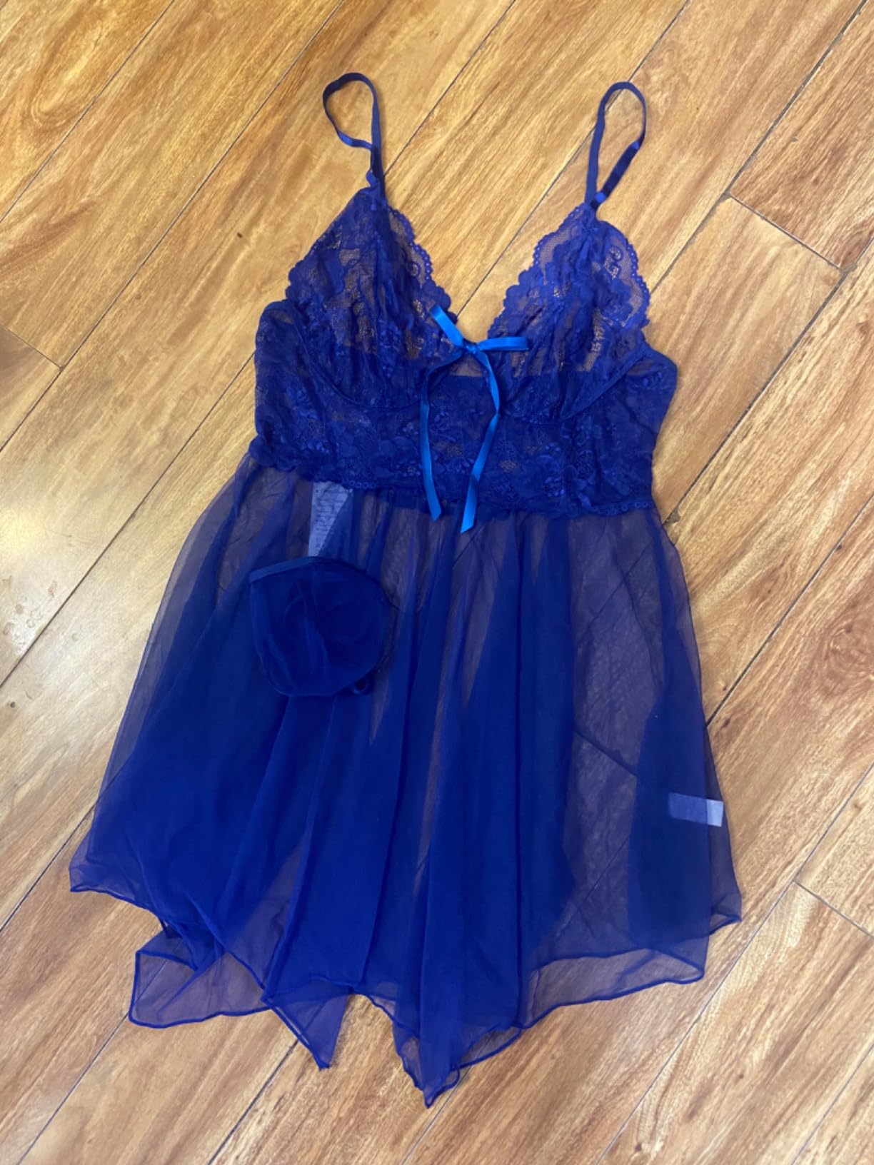 Sexy Lace Babydoll Lingerie Set Mesh Chemise Nightgown with Panty in Navy Blue