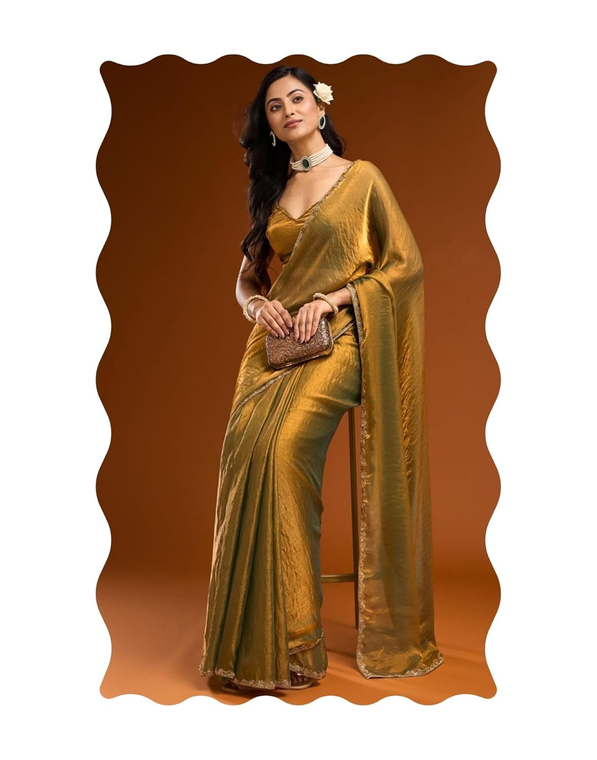 GShimmer Dual Tone Chiffon Saree with Gold Lace Border & Unstitched Blouse Piece Elegant Designer Ethnic Wear