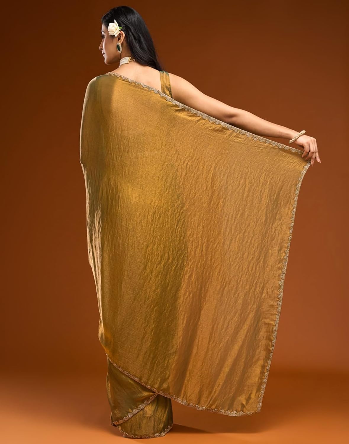 GShimmer Dual Tone Chiffon Saree with Gold Lace Border & Unstitched Blouse Piece Elegant Designer Ethnic Wear