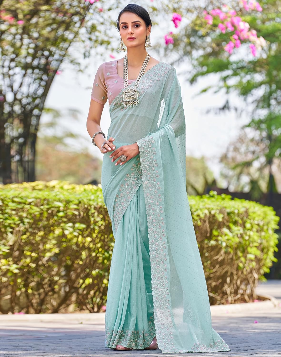 Georgette Saree with Premium Embroidery and Zari Work Comes with Unstitched Blouse Piece Traditional & Designer Wear