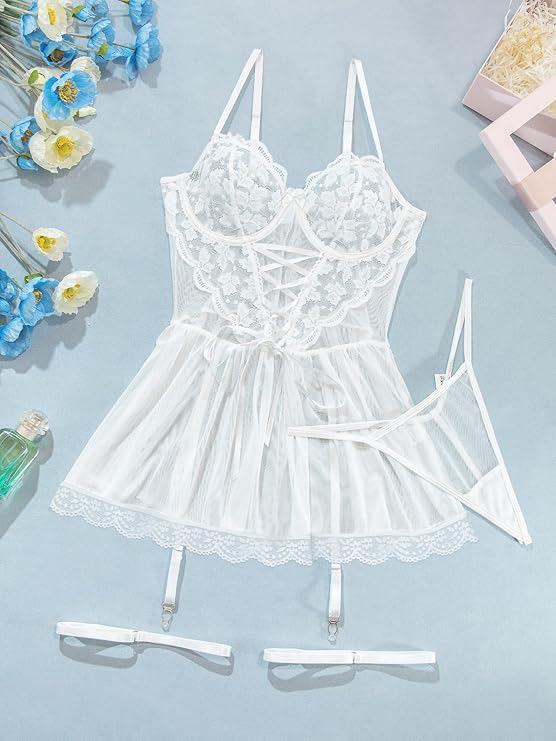 Garter Belt Mesh Lace Babydoll Sexy Lingerie Dress Set with Thong