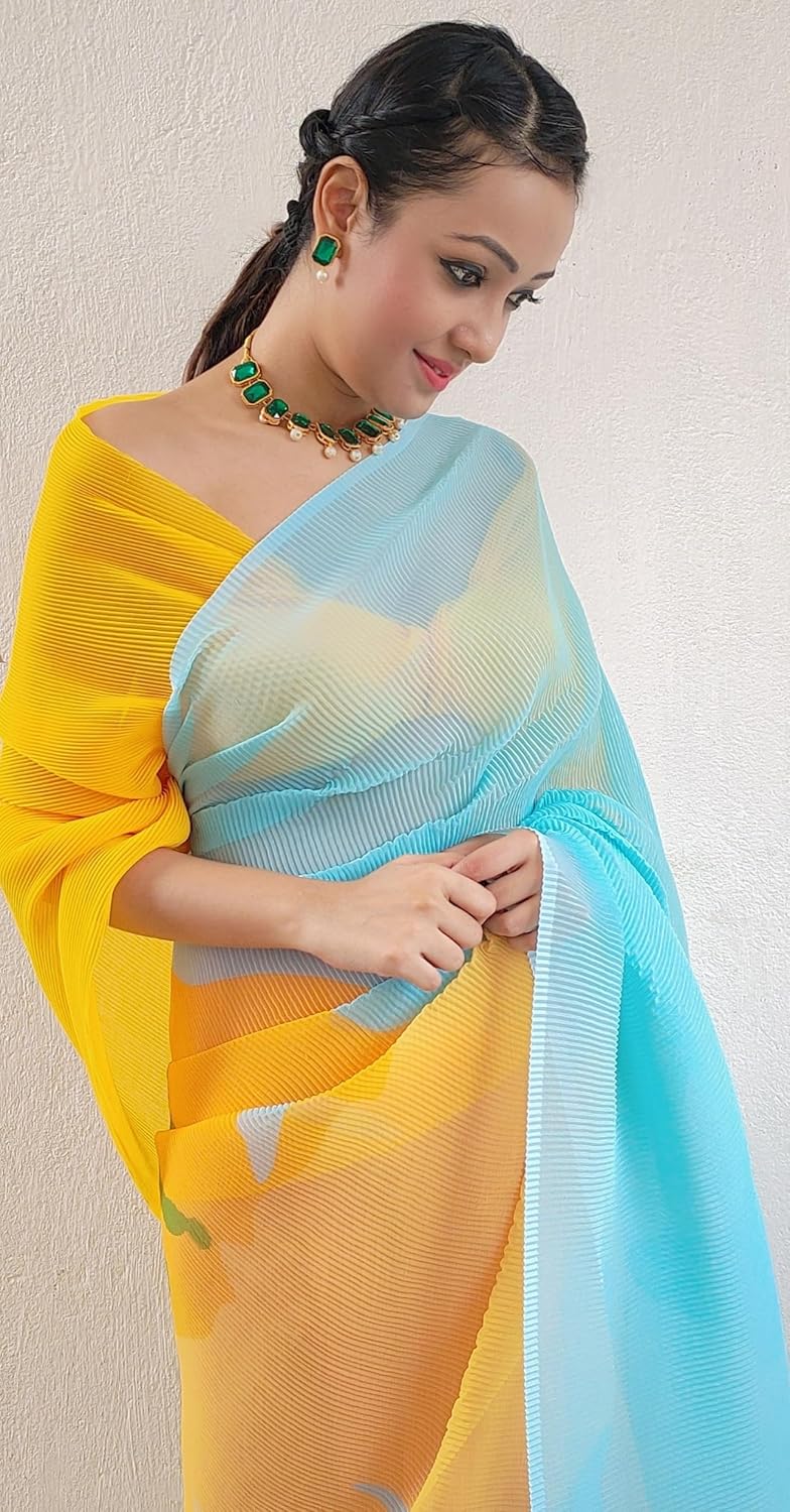 Women's Pure Georgette Saree Full Crushed Digital Print with Unstitched Blouse Piece