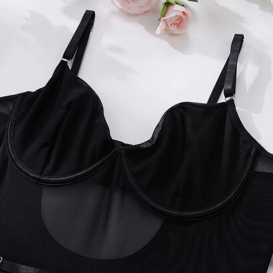 Midnight Mesh 3-Piece Garter Bodysuit Set