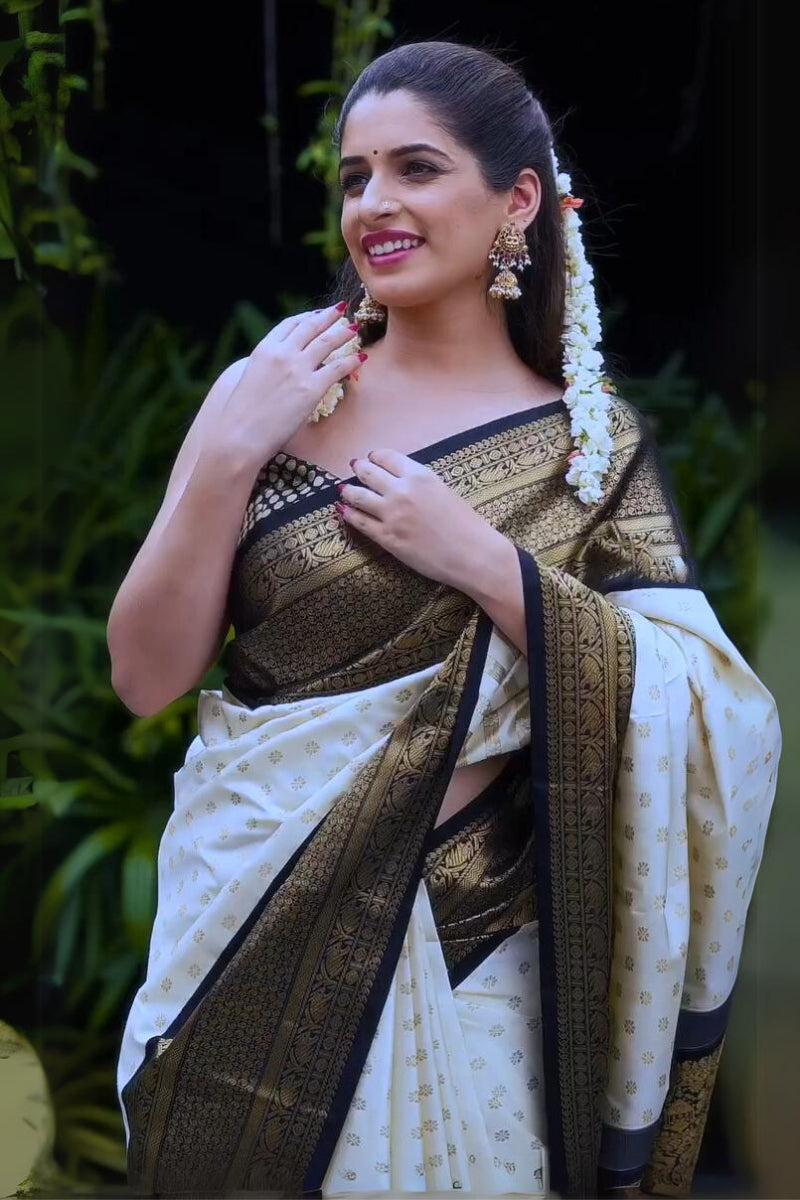 Petrichor Off White Soft Silk Saree with Premium Surpassing Blouse Piece Elegant Traditional Indian Wea