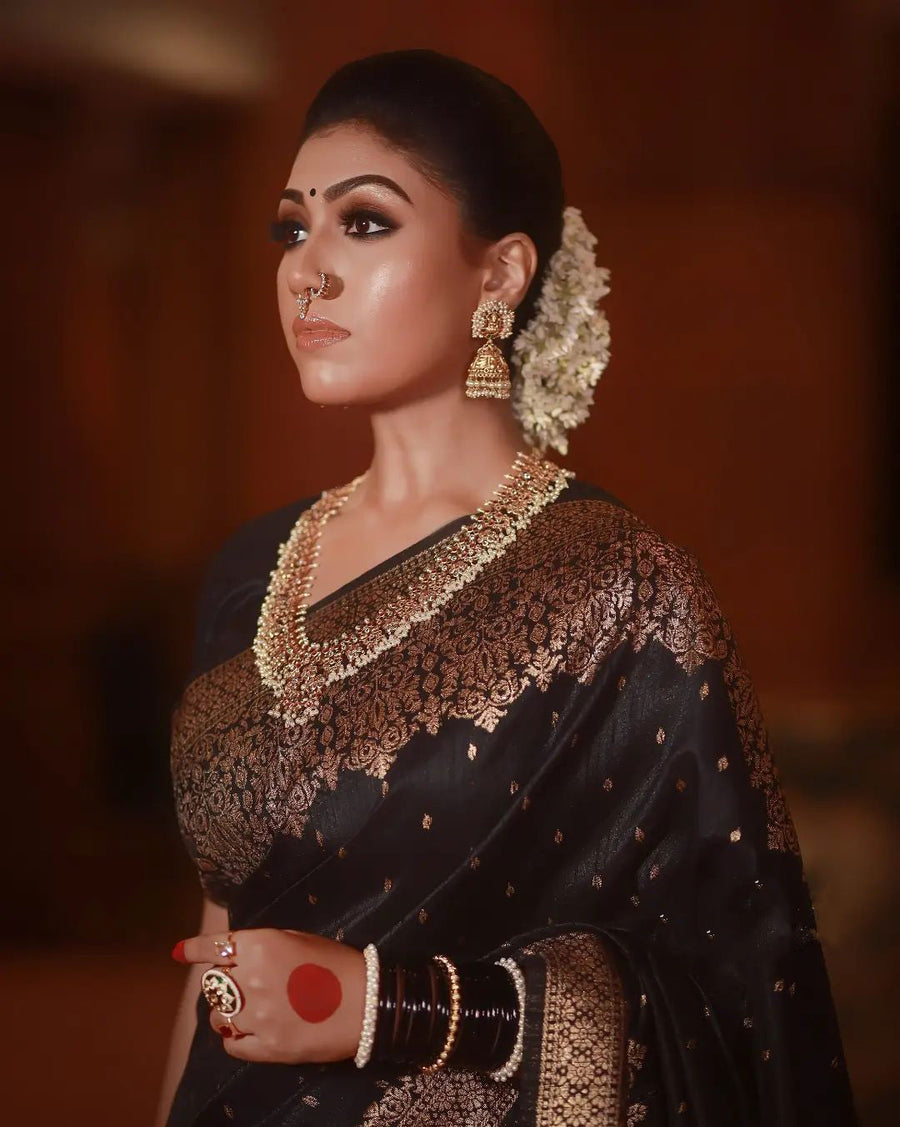 Dreamy Black Banarasi Silk Saree with Soft Finish & Matching Designer Blouse