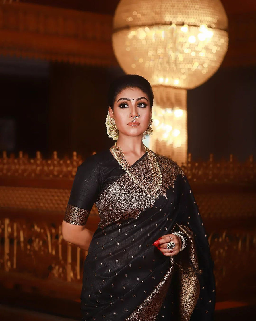 Dreamy Black Banarasi Silk Saree with Soft Finish & Matching Designer Blouse