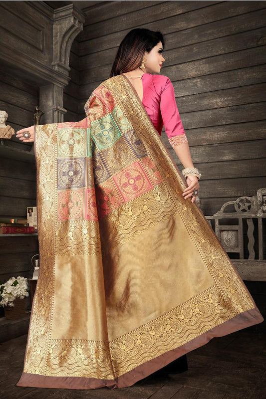 Nemesis Beige Banarasi Silk Saree with Soft Texture & Fancy Blouse Piece Elegant Traditional Indian Wear