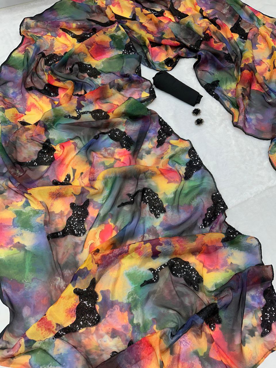 Premium Pure Jimmy Organza Silk Saree Digital Floral Print | Lightweight & Elegant