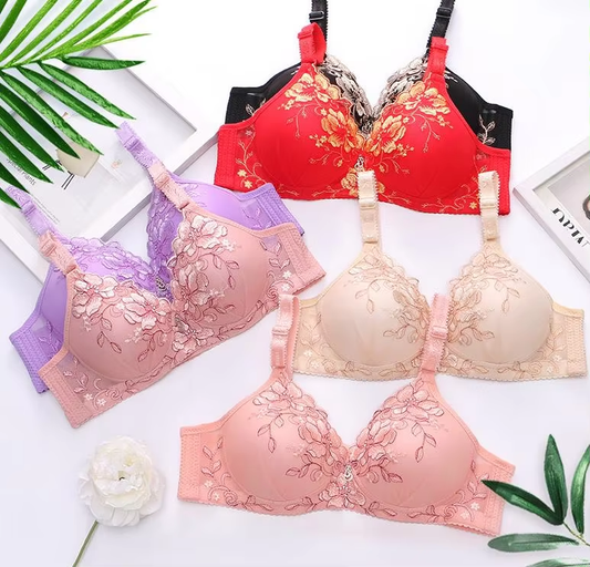 Bra for Women Adjustable Straps, Soft & Comfy Floral Embroidery, Sexy Lingerie Underwear Set of 4