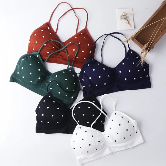 Pack of 5 Fancy Polka Dot Print Cross-Back Bras Stylish & Comfortable Lingerie