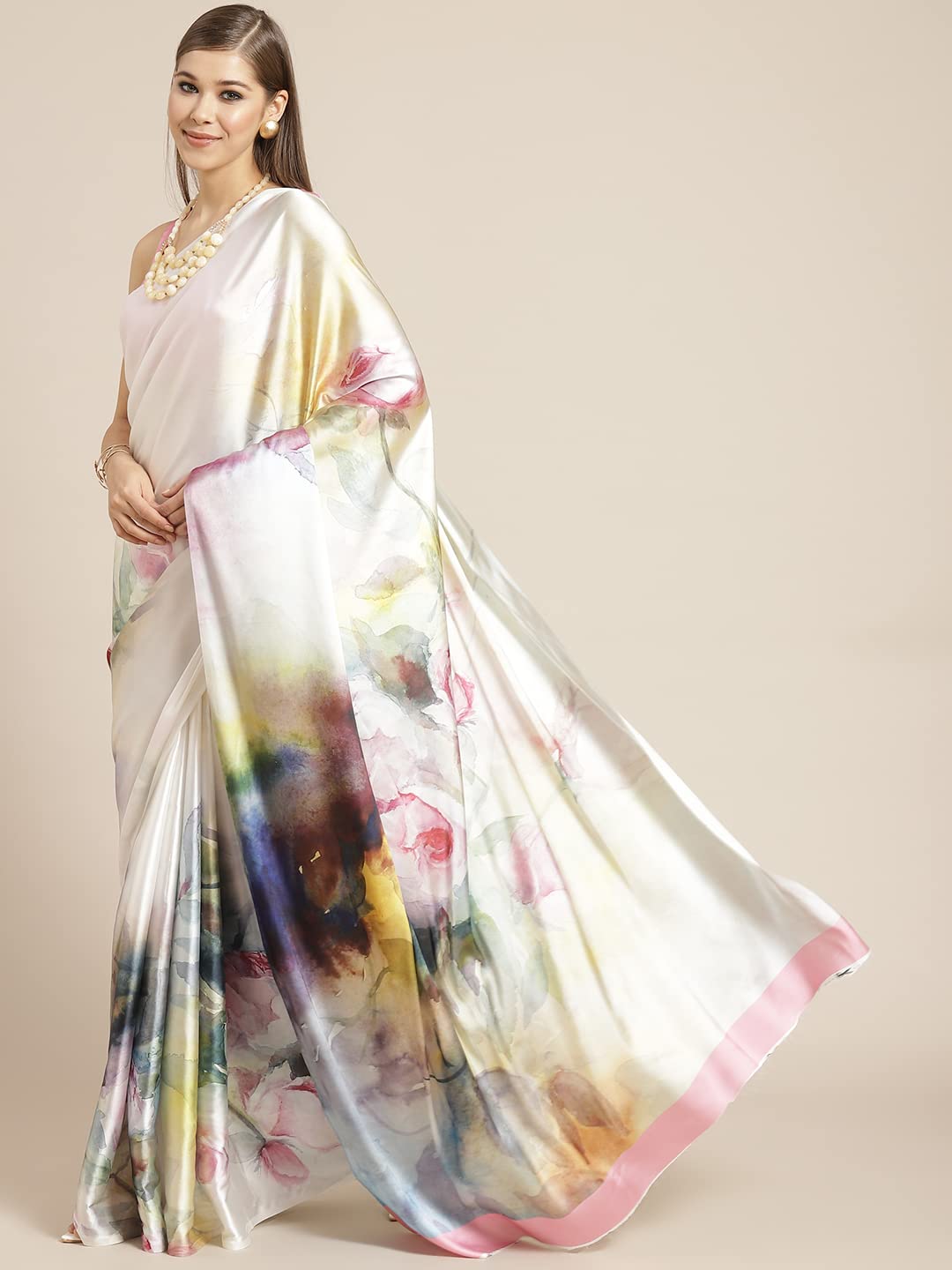 Elegant Women's Digital Floral Print Satin Saree Lightweight, Stylish & Vibrant Indian Ethnic Wear