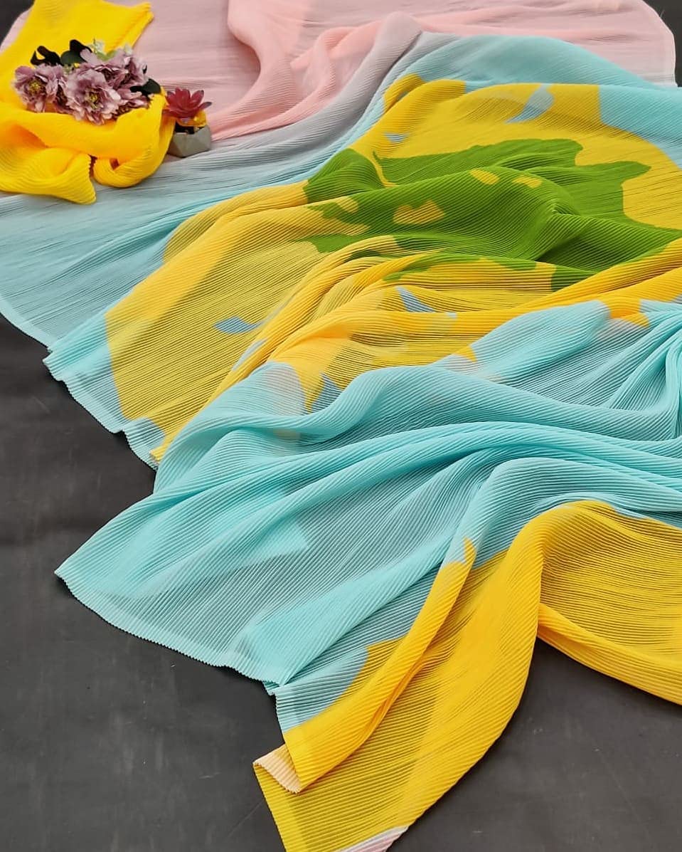 Women's Pure Georgette Saree  Full Crushed Digital Print with Unstitched Blouse Piece