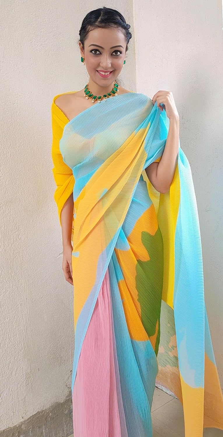 Women's Pure Georgette Saree  Full Crushed Digital Print with Unstitched Blouse Piece