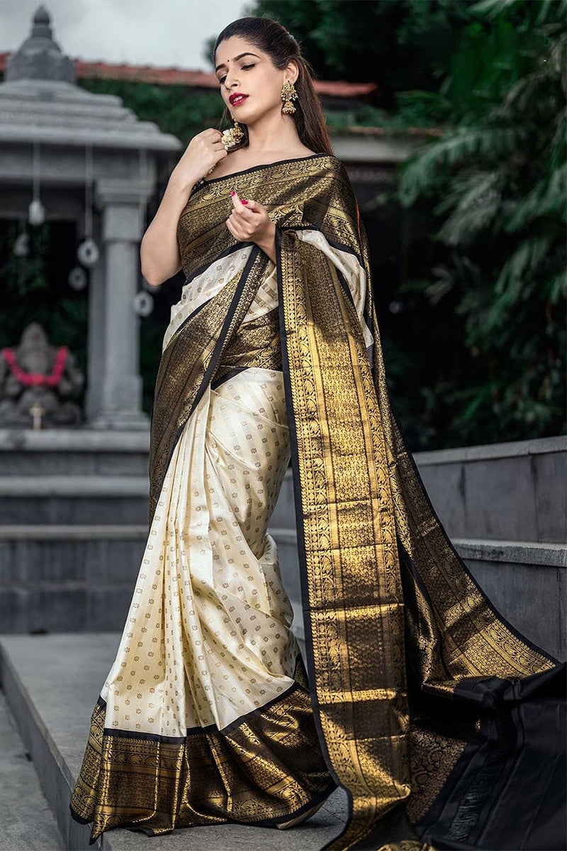 Petrichor Off White Soft Silk Saree with Premium Surpassing Blouse Piece Elegant Traditional Indian Wea