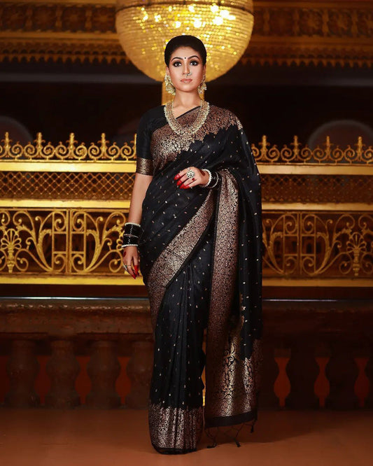 Dreamy Black Banarasi Silk Saree with Soft Finish & Matching Designer Blouse