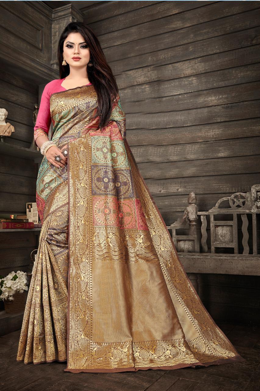 Nemesis Beige Banarasi Silk Saree with Soft Texture & Fancy Blouse Piece Elegant Traditional Indian Wear